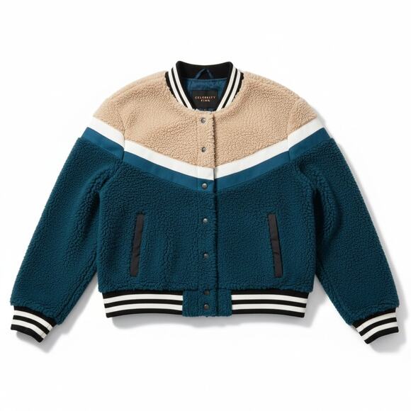 Celebrity Pink Jacket Faux Fur Varsity Bomber Teddy Coat Green Beige Women Sz L - Picture 8 of 16